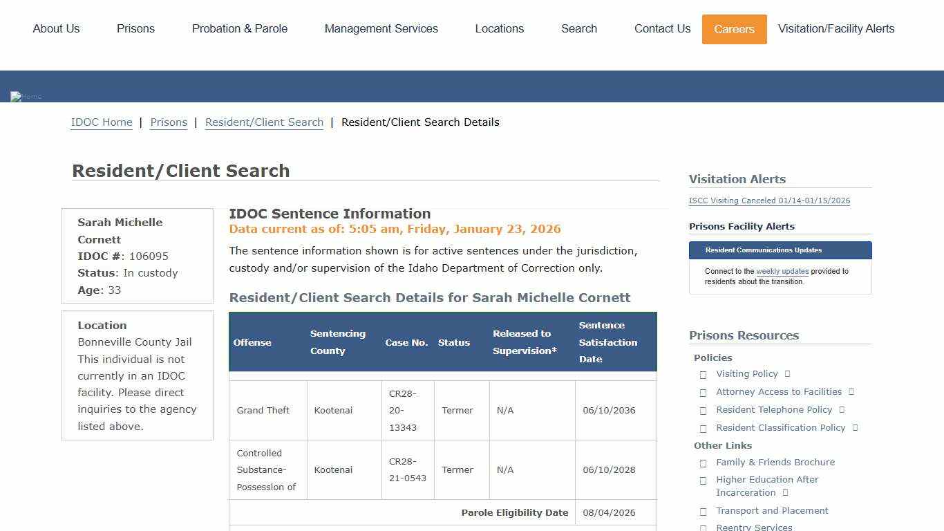 Resident/Client Search Details Idaho Department of Correction
